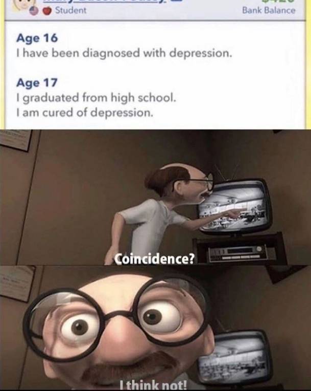 coincidence i think not - Student Bank Balance Age 16 I have been diagnosed with depression. Age 17 I graduated from high school. I am cured of depression. Coincidence? I think not!