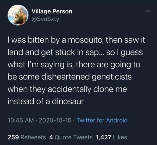 BTS - Village Person I was bitten by a mosquito, then saw it land and get stuck in sap... so I guess what I'm saying is, there are going to be some disheartened geneticists when they accidentally clone me instead of a dinosaur Twitter for Android 259 4 Qu
