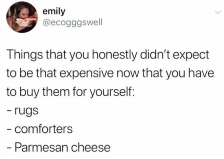 cuck life - emily Things that you honestly didn't expect to be that expensive now that you have to buy them for yourself rugs comforters Parmesan cheese