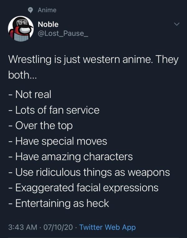 screenshot - Anime Top Nep Noble Wrestling is just western anime. They both... Not real Lots of fan service Over the top Have special moves Have amazing characters Use ridiculous things as weapons Exaggerated facial expressions Entertaining as heck 071020