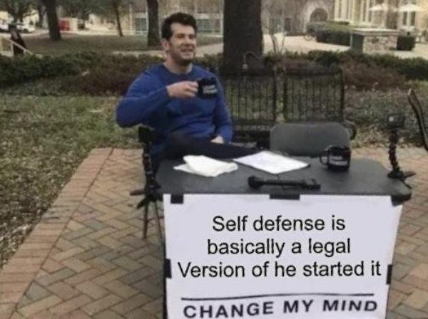 losing my mind quarantine meme - Self defense is basically a legal Version of he started it Change My Mind