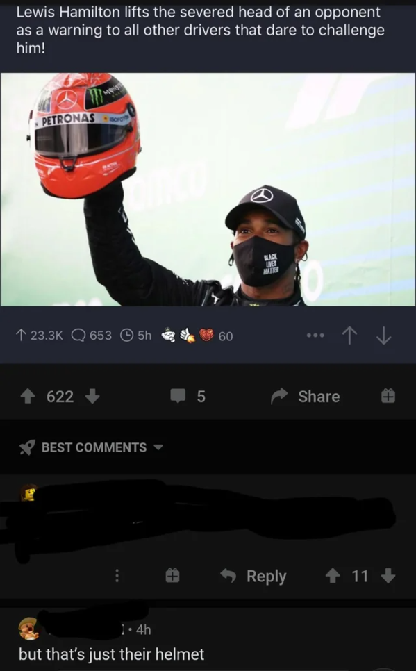 Lewis Hamilton - Lewis Hamilton lifts the severed head of an opponent as a warning to all other drivers that dare to challenge him! Petronas Pagi Tes 1 Q 653 5h 622 5 1 Best 11 1.4h but that's just their helmet