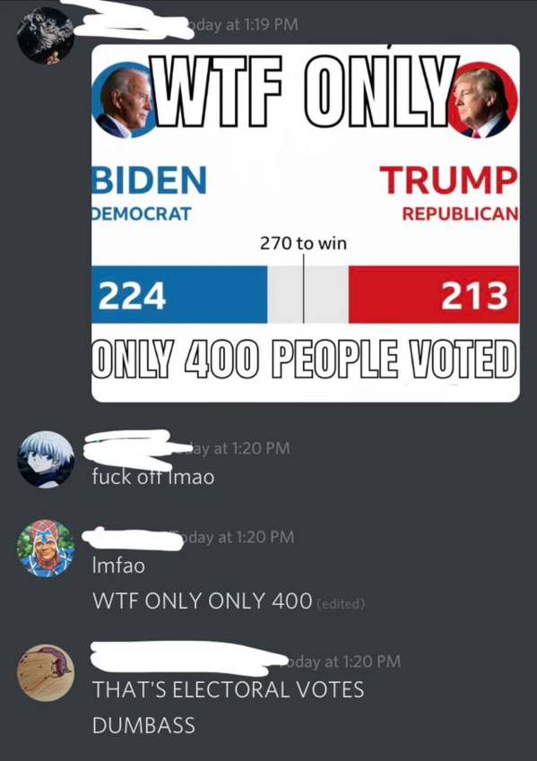 screenshot - day at Wtf Only Biden Trump Pemocrat Republican 270 to win 224 213 Only 400 People Voted Bay at fuck off Imao oday at Imfao Wtf Only Only 400 edited day at That'S Electoral Votes Dumbass