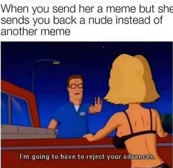 i m going to have to reject your advances - When you send her a meme but she sends you back a nude instead of another meme I'm going to have to reject your advances.