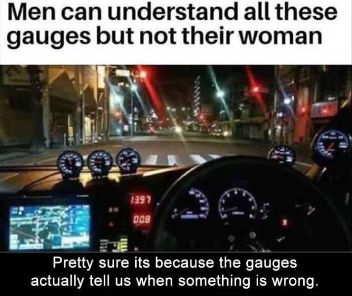 guys can understand all these gauges - Men can understand all these gauges but not their woman 1397 008 Pretty sure its because the gauges actually tell us when something is wrong.