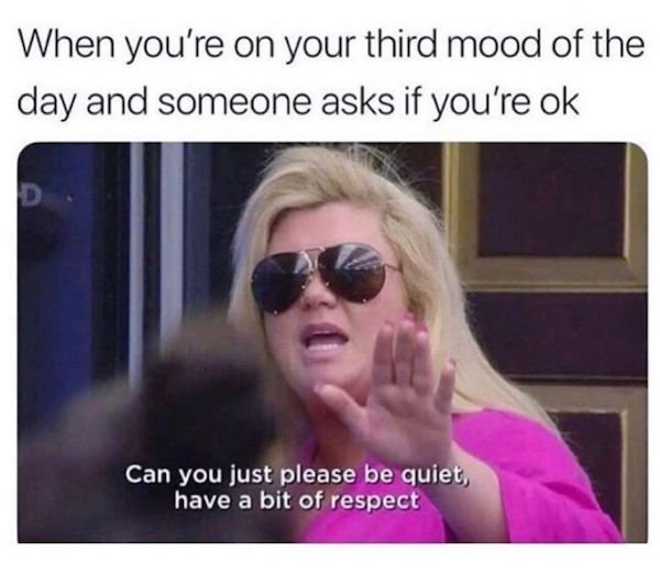 mood of the day meme - When you're on your third mood of the day and someone asks if you're ok Can you just please be quiet, have a bit of respect