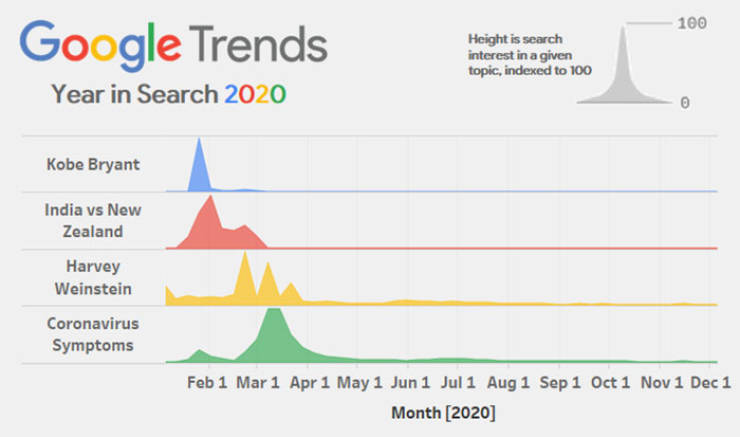 100 Google Trends Year in Search 2020 Height is search interest in a given topic, indexed to 100 Kobe Bryant India vs New Zealand Harvey Weinstein Coronavirus Symptoms Feb 1 Mar 1 Apr 1 May 1 Jun 1 Jul 1 Aug 1 Sep 1 Oct 1 Nov 1 Dec 1 Month 2020