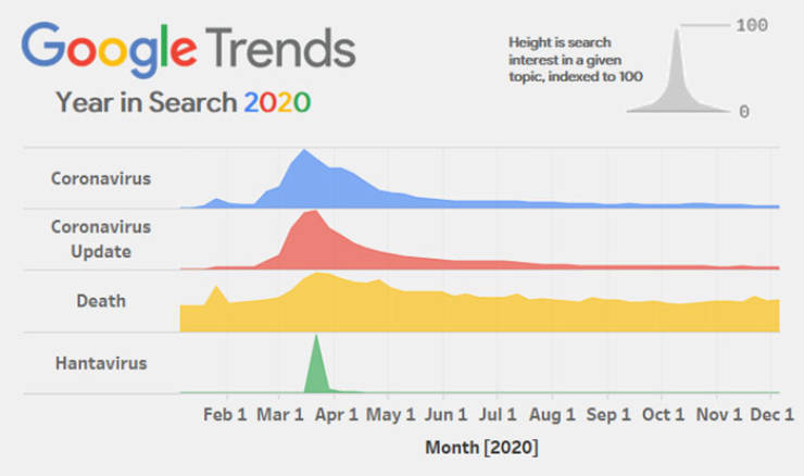 100 Google Trends Year in Search 2020 Height is search interest in a given topic, indexed to 100 Coronavirus Coronavirus Update Death Hantavirus Feb 1 Mar 1 Apr 1 May 1 Jun 1 Jul 1 Aug 1 Sep 1 Oct 1 Nov 1 Dec 1 Month 2020