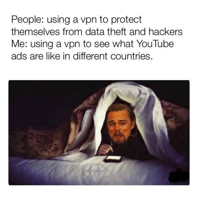meme about sharing memes - People using a vpn to protect themselves from data theft and hackers Me using a vpn to see what YouTube ads are in different countries.