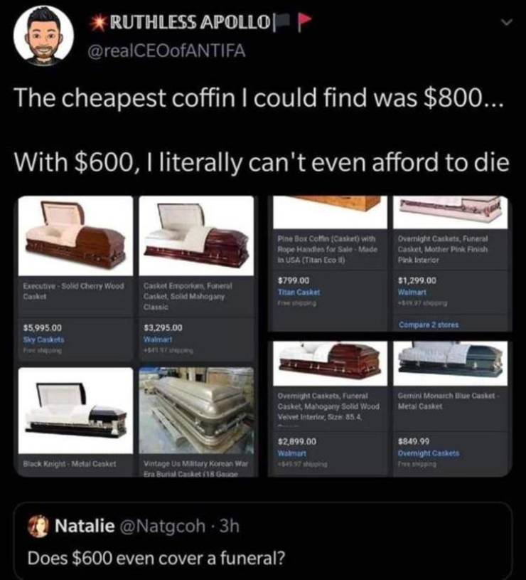 Overnight Caskets - Ruthless Apollo ofANTIFA The cheapest coffin I could find was $800... With $600, I literally can't even afford to die Pine Blox Coton Casket with Rope Handles for Sale Made In Usa Titan coll $799.00 Than Casket Overnight Cackets, Funer