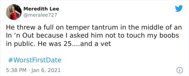 husband tweets - Meredith Lee 727 He threw a full on temper tantrum in the middle of an In 'n Out because I asked him not to touch my boobs in public. He was 25....and a vet First Date i