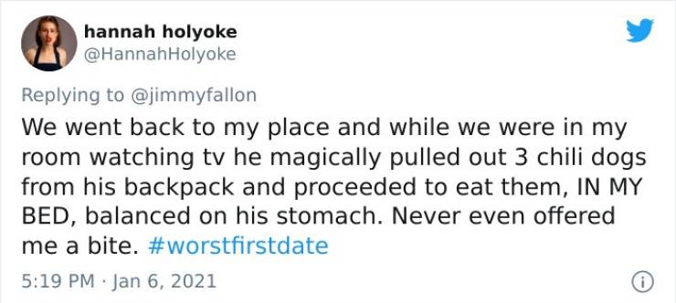 no vaccination twitter - hannah holyoke Holyoke We went back to my place and while we were in my room watching tv he magically pulled out 3 chili dogs from his backpack and proceeded to eat them, In My Bed, balanced on his stomach. Never even offered me a