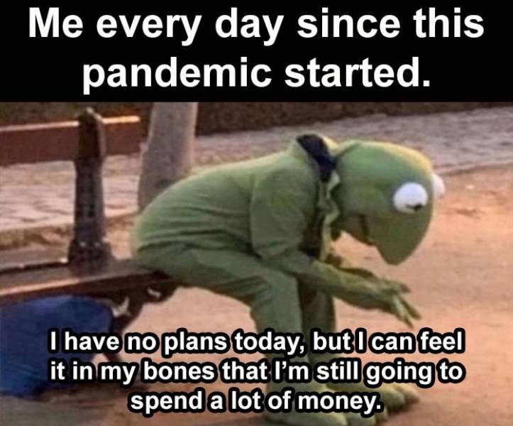 photo caption - Me every day since this pandemic started. I have no plans today, but I can feel it in my bones that I'm still going to spend a lot of money.