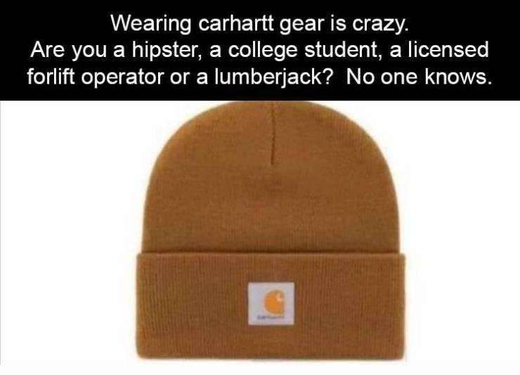 hipster carhartt meme - Wearing carhartt gear is crazy. Are you a hipster, a college student, a licensed forlift operator or a lumberjack? No one knows.