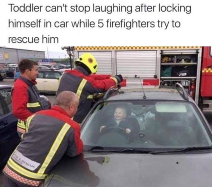 toddler locked in car laughing - Toddler can't stop laughing after locking himself in car while 5 firefighters try to rescue him