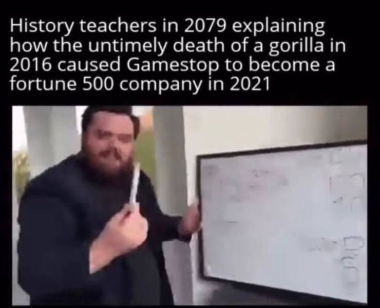 presentation - History teachers in 2079 explaining how the untimely death of a gorilla in 2016 caused Gamestop to become a fortune 500 company in 2021