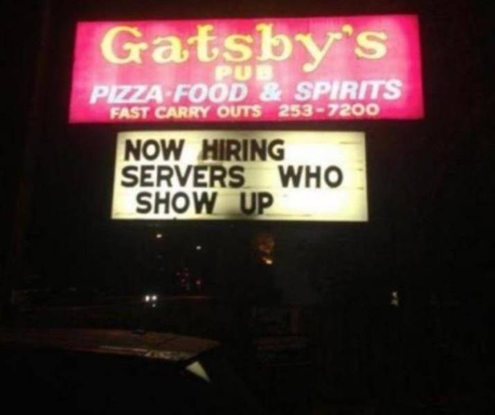 neon sign - Gatsby's Pub Pizza Food & Spirits Fast Carry Outs 2537200 Now Hiring Servers Who Show Up