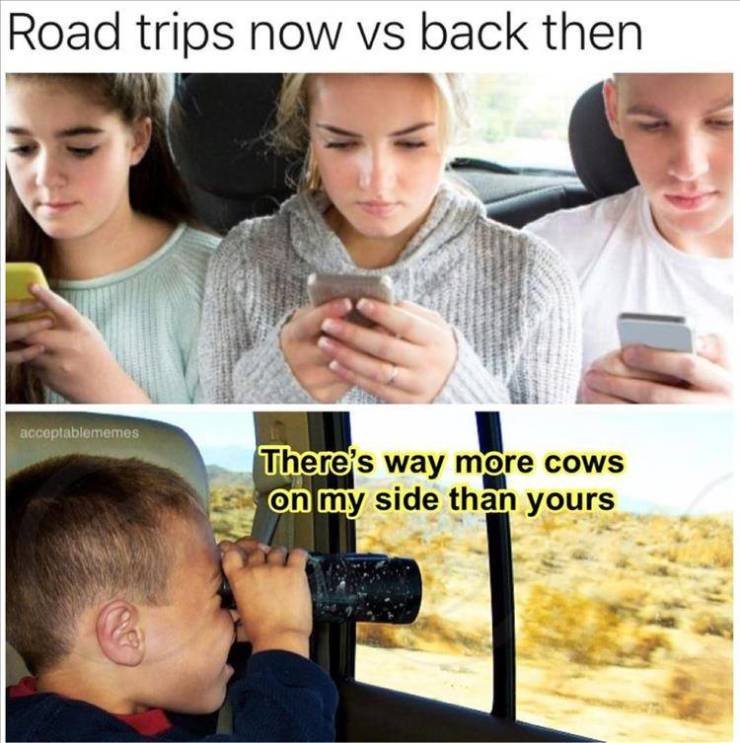 ear - Road trips now vs back then acceptablememes There's way more cows on my side than yours