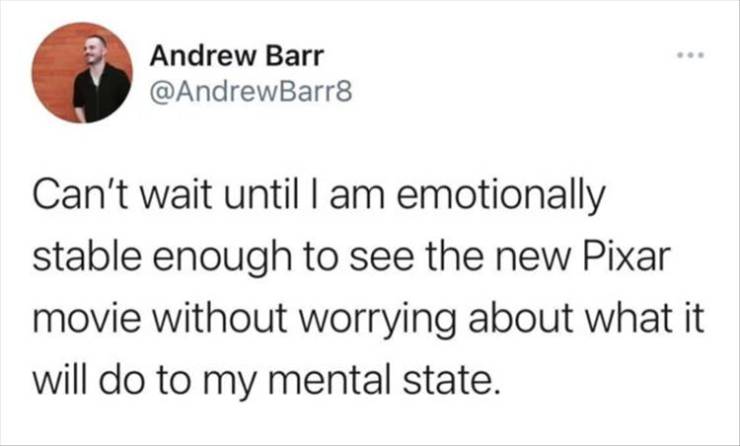 universe will send you exactly what you asked for and then send you a distraction - Andrew Barr Can't wait until I am emotionally stable enough to see the new Pixar movie without worrying about what it will do to my mental state.