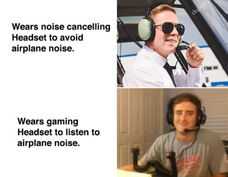 presentation - deposit Wears noise cancelling Headset to avoid airplane noise. hotos Wears gaming Headset to listen to airplane noise.