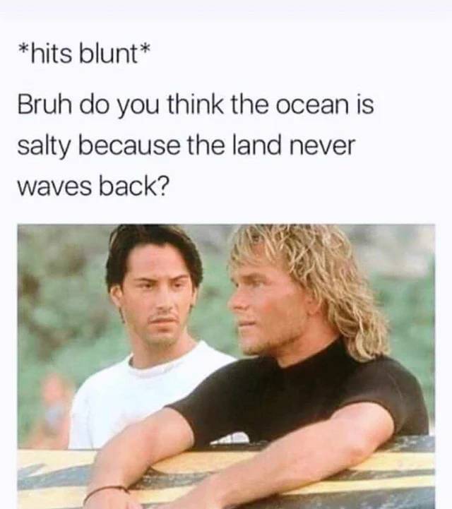 point break movie - hits blunt Bruh do you think the ocean is salty because the land never waves back?