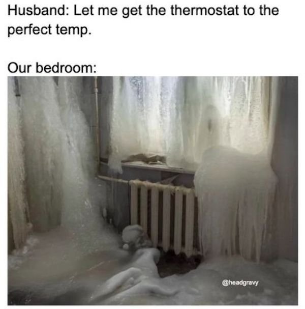 marriage memes - freezing - Husband Let me get the thermostat to the perfect temp. Our bedroom