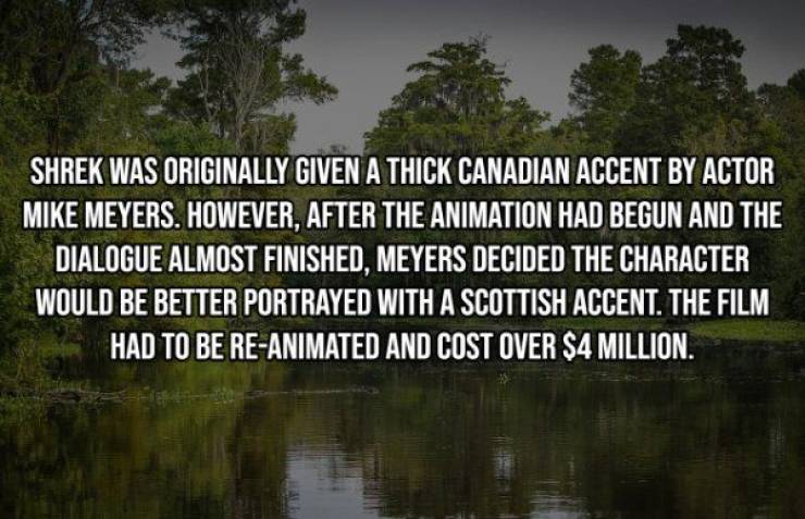 reflection - Shrek Was Originally Given A Thick Canadian Accent By Actor Mike Meyers. However, After The Animation Had Begun And The Dialogue Almost Finished, Meyers Decided The Character Would Be Better Portrayed With A Scottish Accent. The Film Had To B