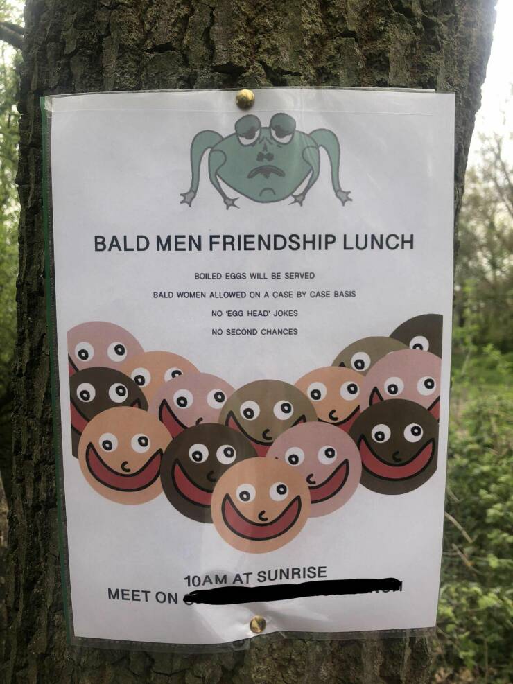 fun randoms sign - Bald Men Friendship Lunch Boiled Eggs Will Be Served Bald Women Allowed On A Case By Case Basis No