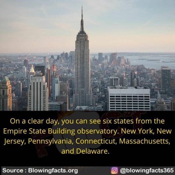 fun randoms - new york city - On a clear day, you can see six states from the Empire State Building observatory. New York, New Jersey, Pennsylvania, Connecticut, Massachusetts, and Delaware. Source Blowingfacts.org