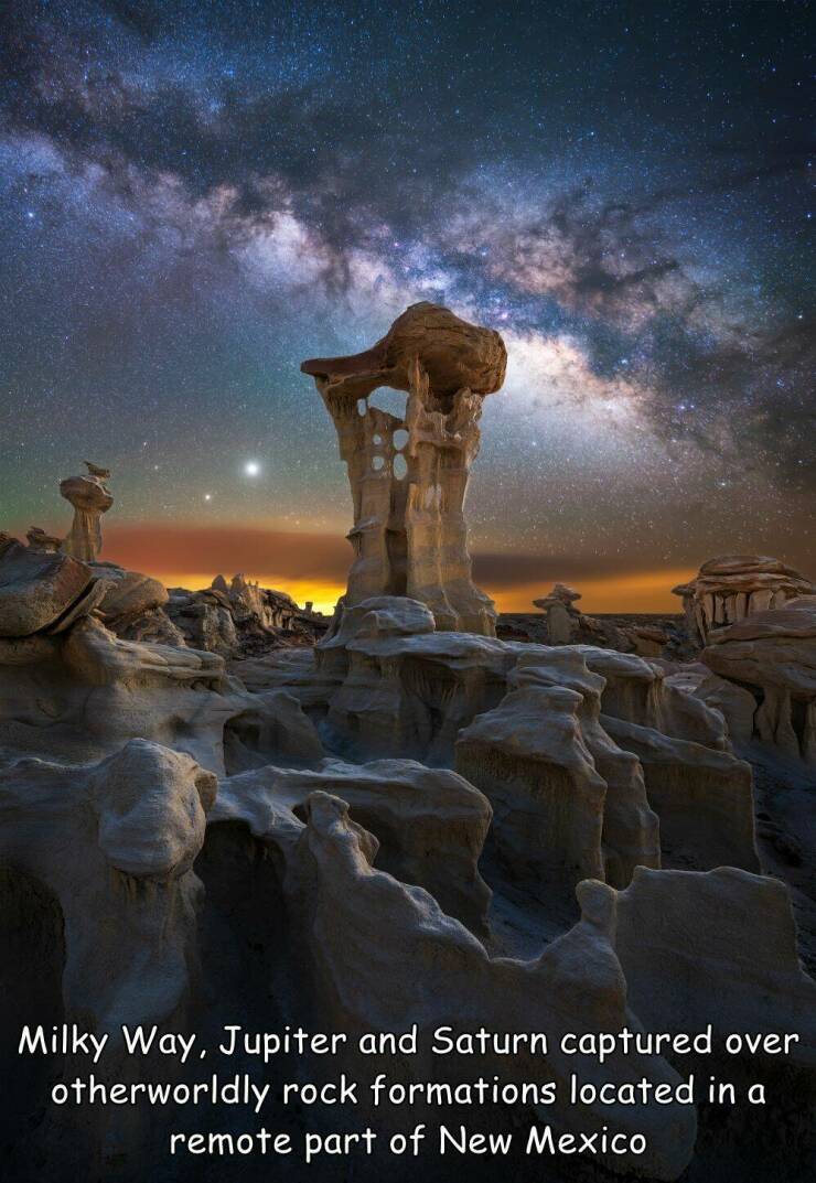 fun randoms - marcin zajac photography - Milky Way, Jupiter and Saturn captured over otherworldly rock formations located in a remote part of New Mexico