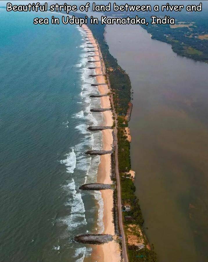 fun randoms - water resources - Beautiful stripe of land between a river and sea in Udupi in Karnataka, India