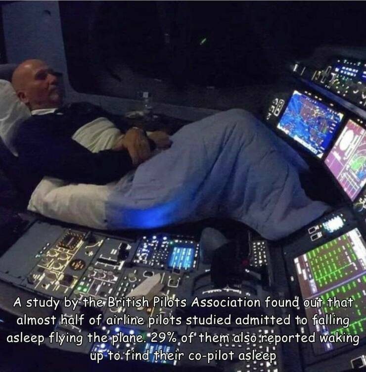 Random Pictures - pilot sleeping in cockpit - 750 G0 A study by the British Pilots Association found out it that. almost half of airline pilots studied admitted to falling asleep flying the plane. 29% of them also reported waking up to find their copilot