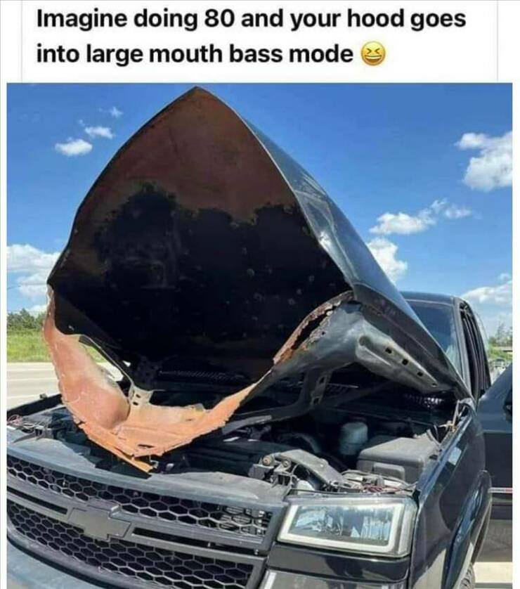 random cool pics - large mouth bass chevy hood - Imagine doing 80 and your hood goes into large mouth bass mode