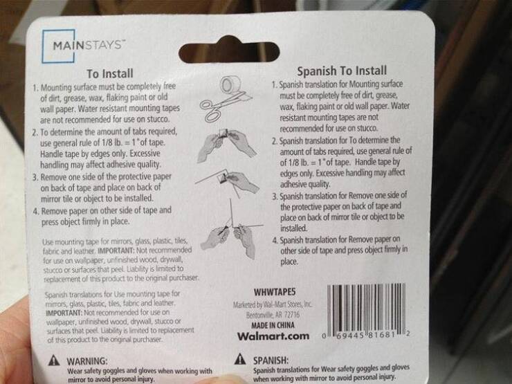 instructions in spanish - Mainstays To Install 1. Mounting surface must be completely free of dirt, grease, wax, flaking paint or old wall paper. Water resistant mounting tapes are not recommended for use on stucco. 2. To determine the amount of tabs requ