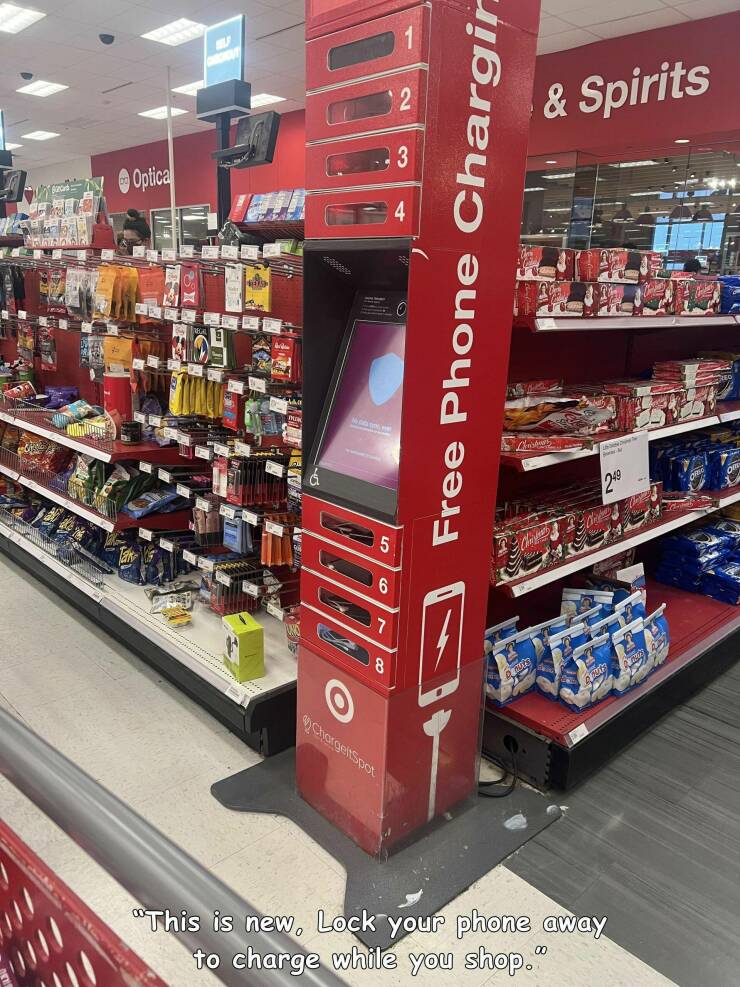 daily dose of pics and memes - supermarket - Optica 8 ChargeltSpot Free Phone Chargin & Spirits 2.49 This is new, Lock your phone away to charge while you shop."