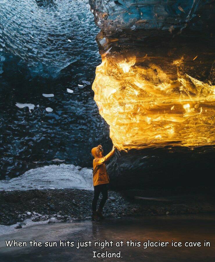 cool random pics - amber ice cave - When the sun hits just right at this glacier ice cave in Iceland.