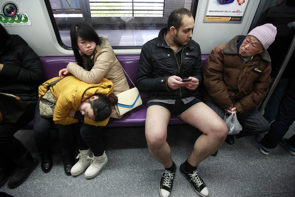 no pants subway ride in New York City subway - no pants subway man
