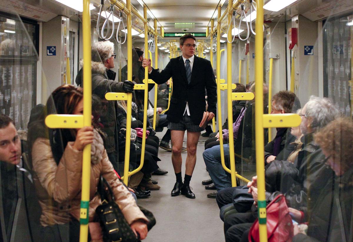 no pants subway ride in New York City subway - man in subway