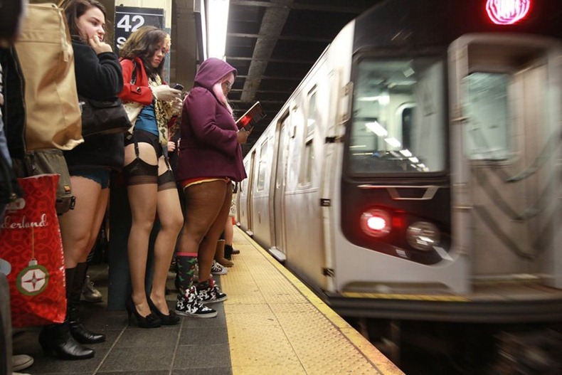 no pants subway ride in New York City subway - no pants stockings
