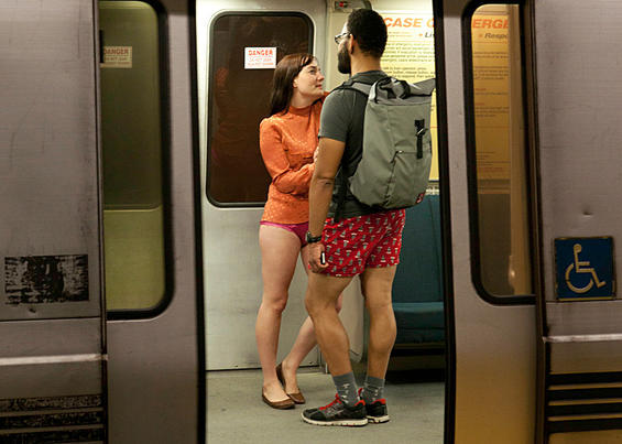 no pants subway ride in New York City subway - standing