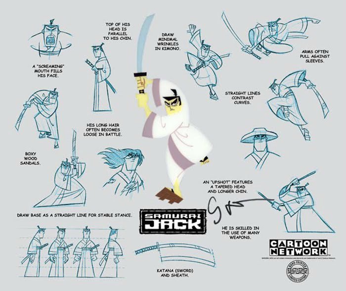 samurai jack model sheet - Top Of His Head Is Parallel To His Chin Draw Minimal Wringles In Kimono Arms Often Pull Against Sleeves A "Screaming Mouth Fius His Face Straight Lines Contrast Curves His Long Hair Often Becomes Loose In Battle Boxy Wood Sandal