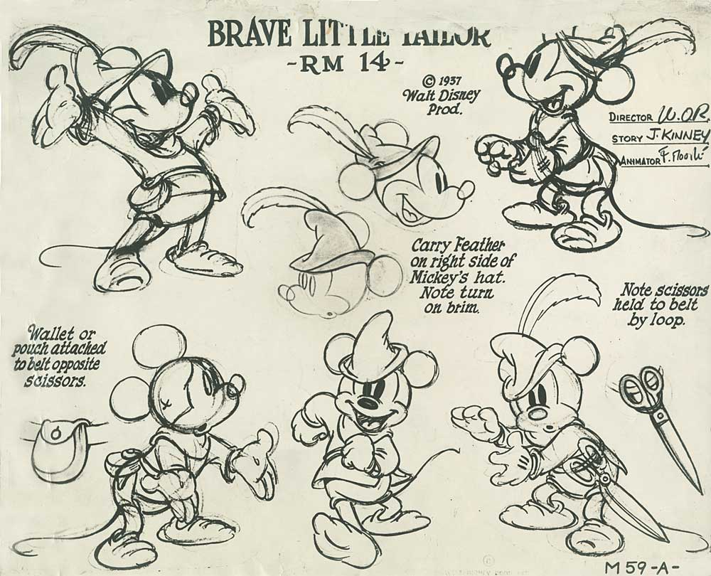 mickey model sheet - Brave Liti Lu Iailuka Rm 14 1937 Walt Disney Prod. Director 10.0R Story J Kinney Animatorf.Took Carry Feather on right side of Mickey's hat. Note turn on brim Note scissors v held to belt by loop. Walletamed pouch attached to belt opp