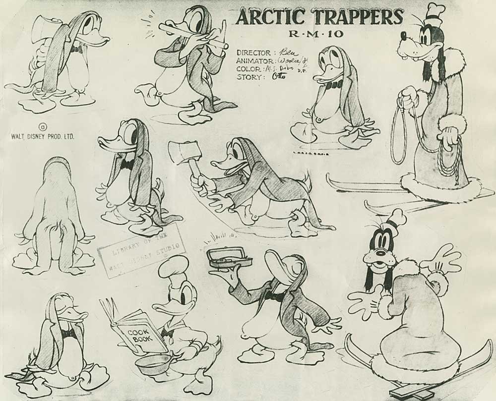 old disney model sheet - song , Arctic Trappers, 5 Arctic Trappers RM10 c20 Director peu AnimatorWooled ColorMs D1 D.P. Story Ot Walt Disney Prod. Ltd. Itbrary Y Studio Book