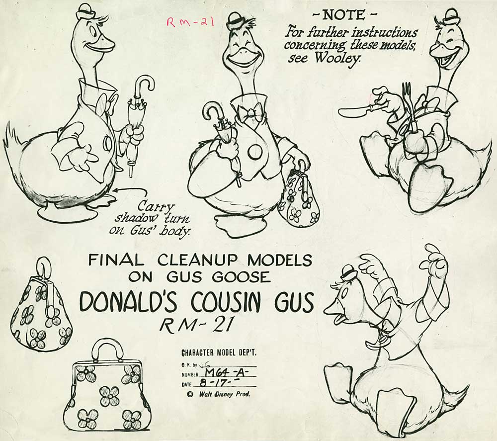 donald duck model sheets - Rm21 Note For further instructions concerning these models, see Wooley. 3 Carry shadow turn on Gus' body Final Cleanup Models On Gus Goose Donald'S Cousin Gus Rm21 Character Model Dep'T. NUMBER_M64 A DATE_817 Walt Disney Prod.