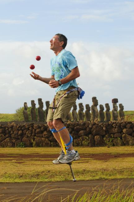Juggling on a Pogo Stick, greatest distance, 4 miles 30 feet, Ahu Tongariki, Easter Island, January 2010