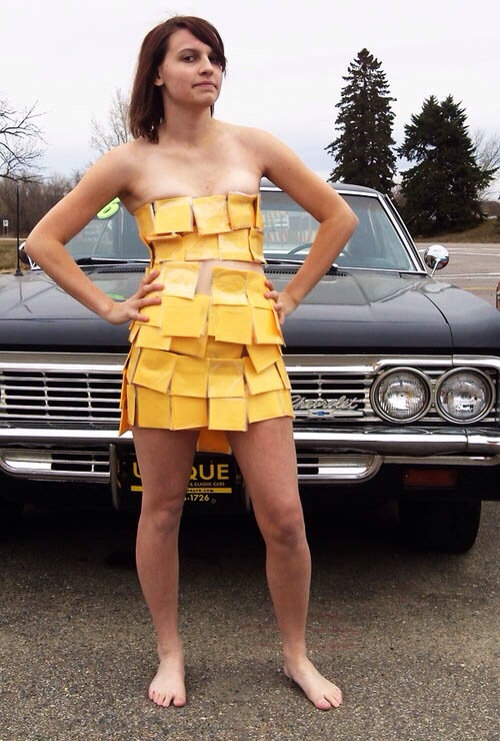 Girls Wearing Cheese as Dresses and Posing In Front of Cars