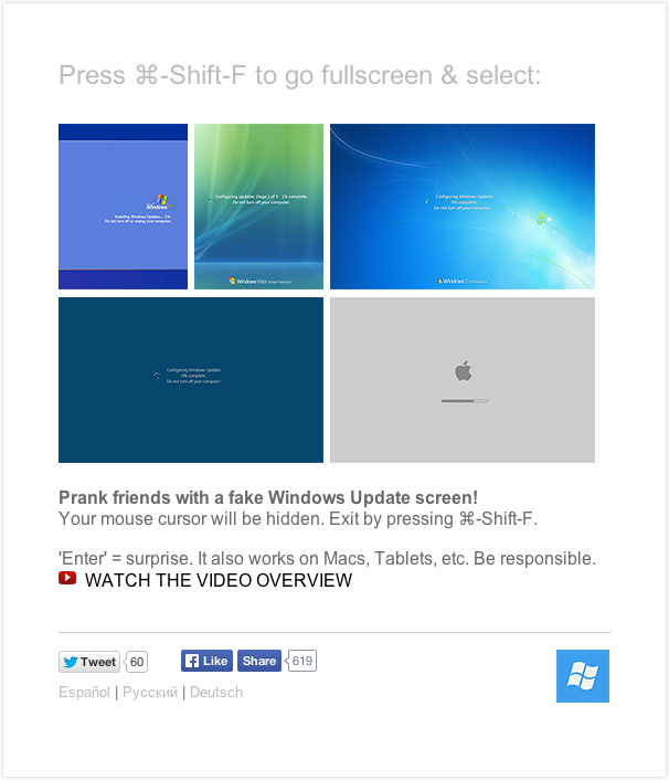 <a href="http://ebaum.it/1rq1nWS" target="_blank">Fake update screens</a> to prank your friends.
