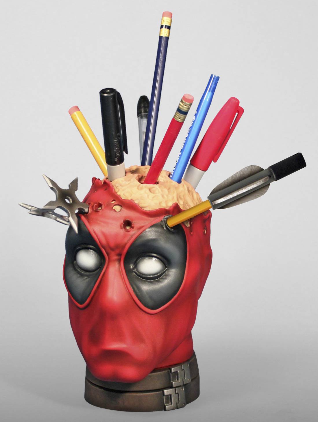 Deadpool has the power of accelerated healing, so getting stabbed in the head by a bunch of pens and pencils is no big deal to him. Buy this <a href="http://ebaum.it/1qNthcR" target="_blank">Deadpool Pencil Holder</a>.