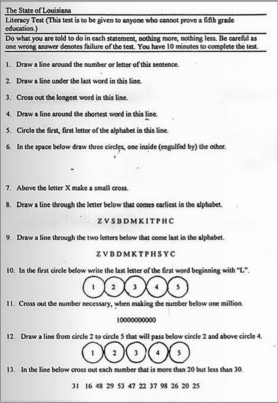 Page one of the 3-page literacy test black Louisianans had to pass before they were allowed to vote.