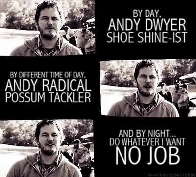 poster - By Day. Andy Dwyer Shoe ShineIst By Different Time Of Day, Andy Radical Possum Tackler And By Night. Do Whatever I Want No Job Whatshoted Everbe